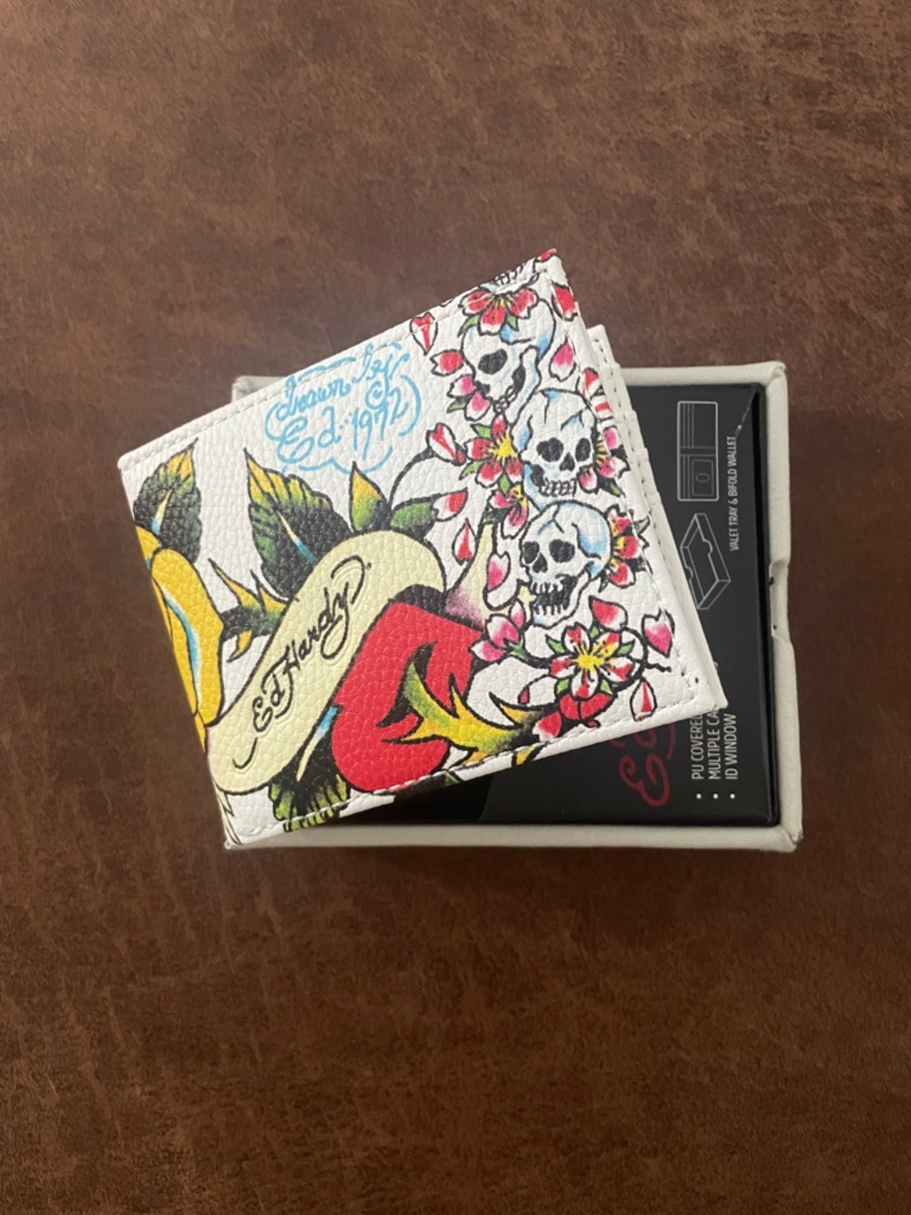 Ed Hardy White Multi-Color Tattoo Print Card Holder